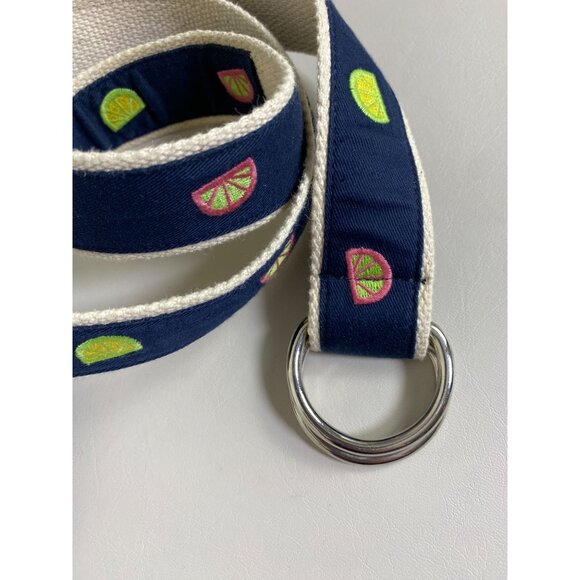 J. Crew Navy Cream Novelty Lime Orange Belt size Medium Large Cotton D Ring - Picture 2 of 12